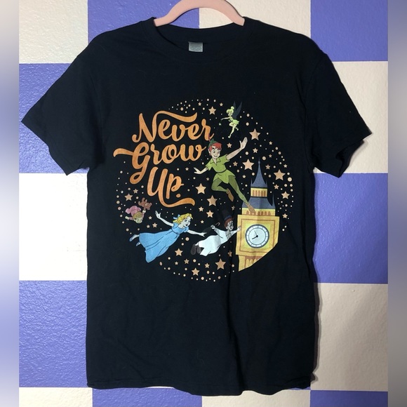 NWOT Gildan “Never Grow Up” Graphic Tee with Peter,  Wendy, and Tink - Size S - Picture 1 of 3